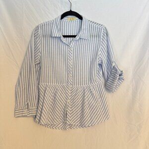 LOVE NOTES sz L blue/white stripe boho peplum button down blouse top cottagecore